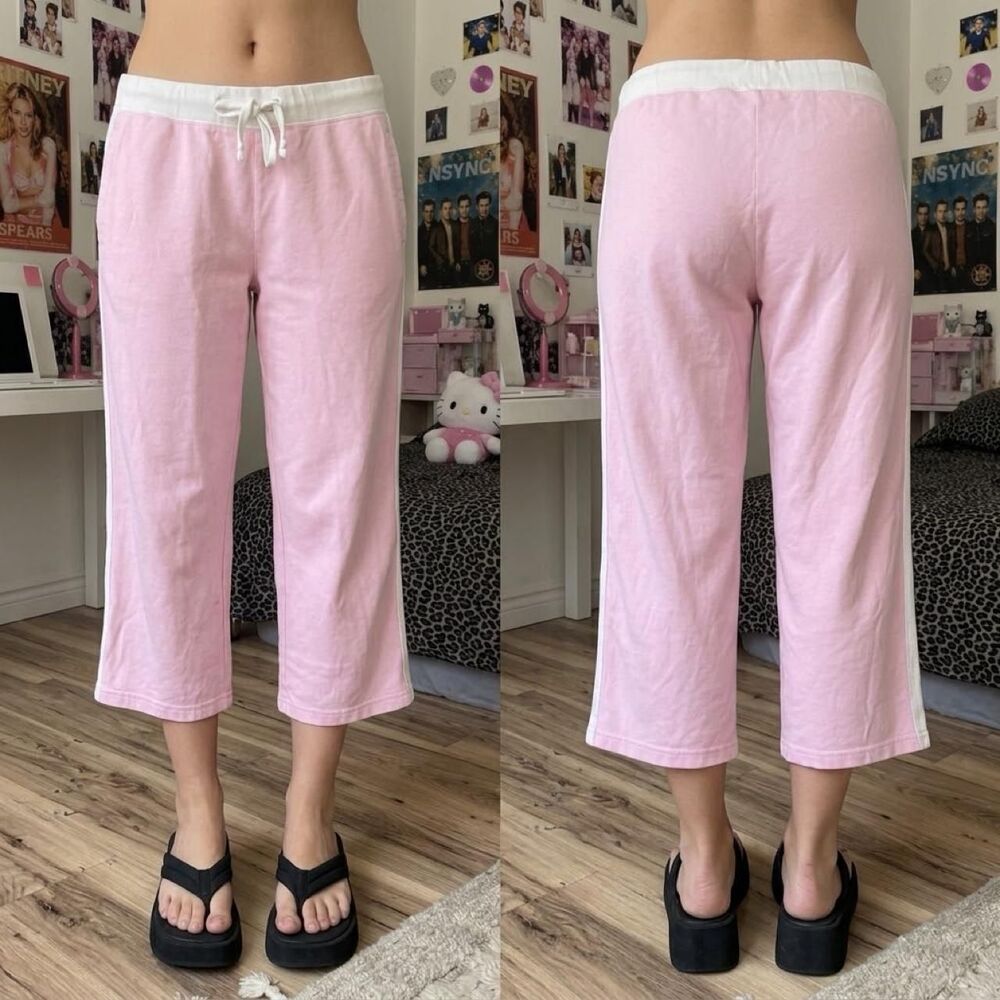 Y2K Light Baby Pink Striped Sweatpants Size Small Athleisure Drawstring Sporty